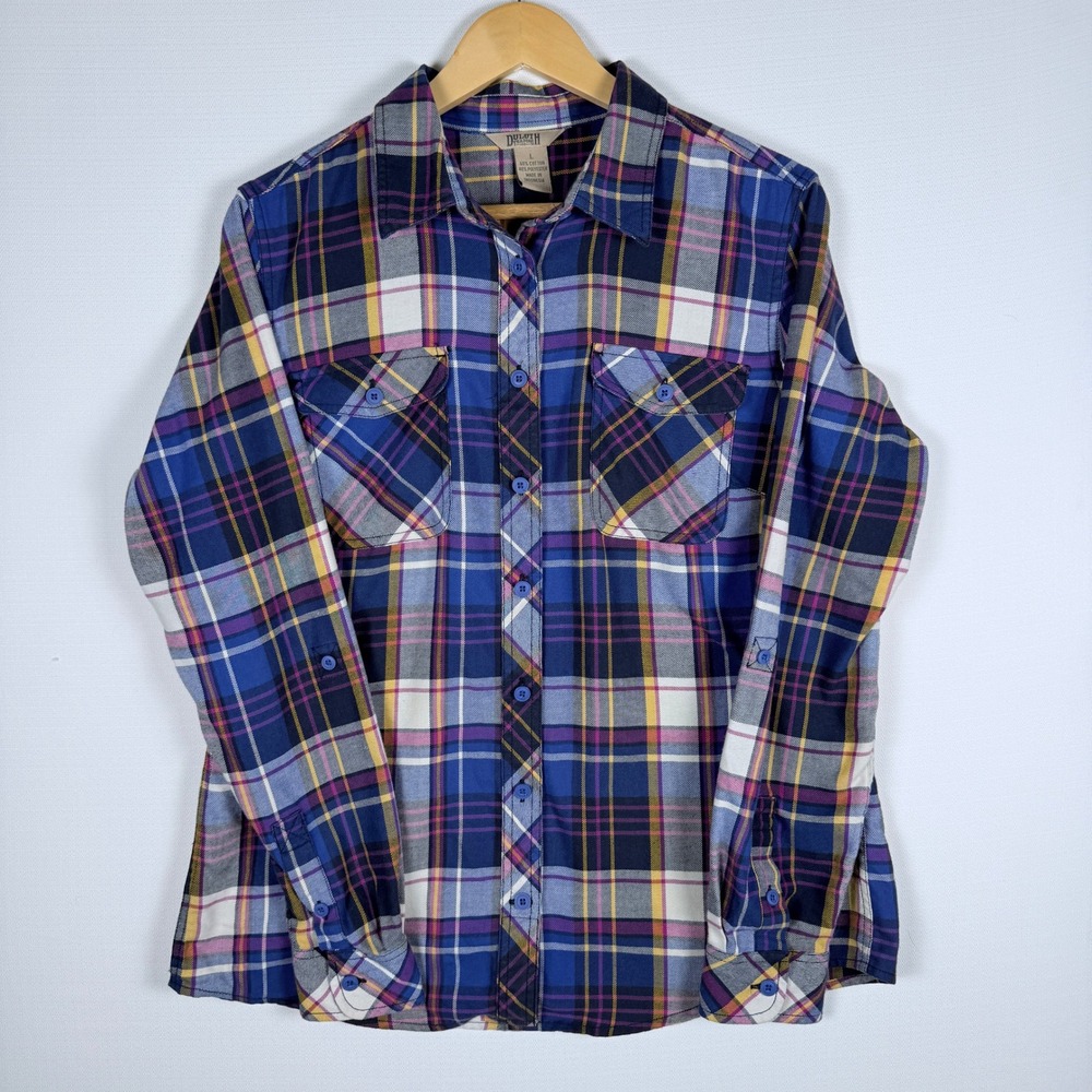 Duluth Trading Co Womens Large Blue Plaid Roll Tab Long Sleeve Button Down Shirt